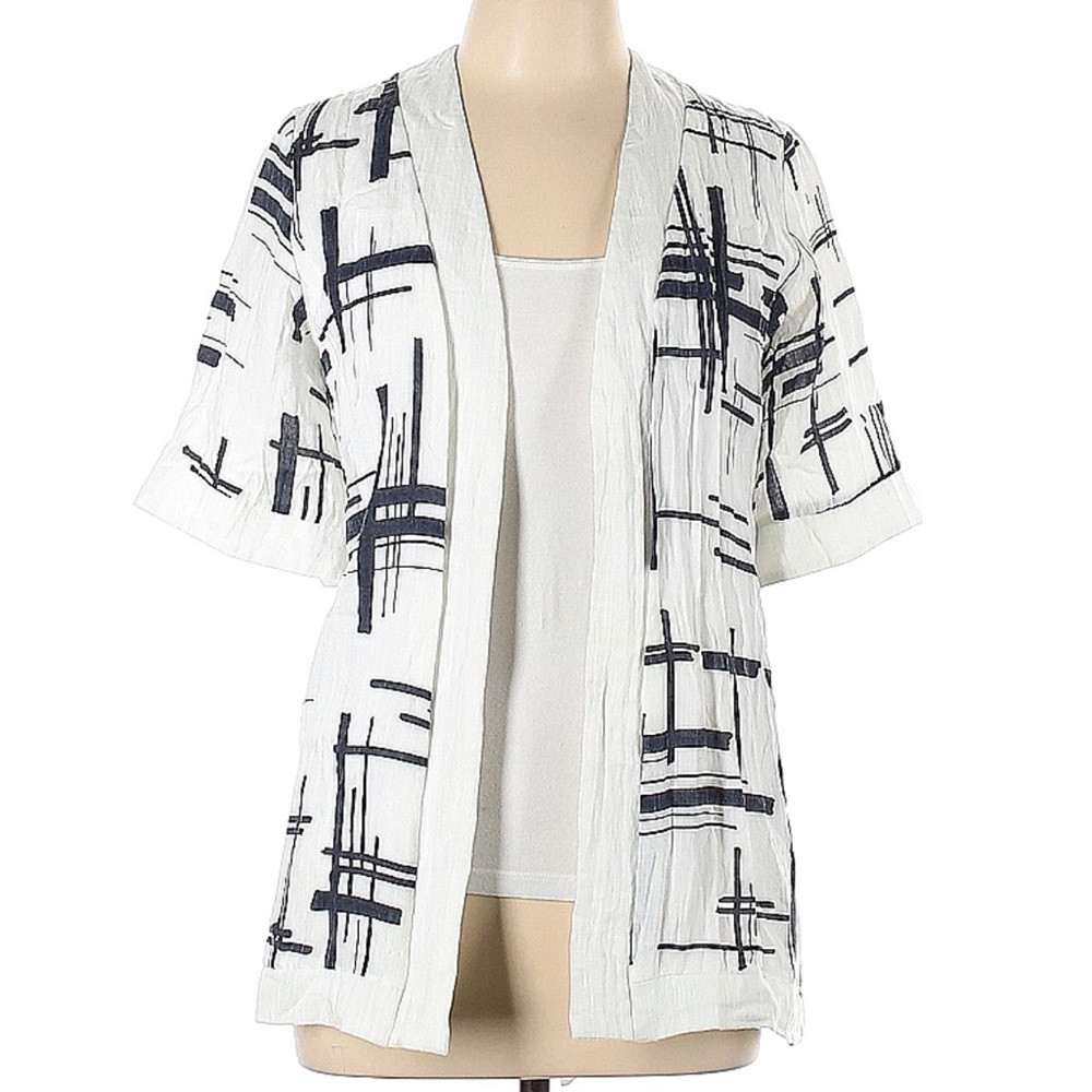 L'Atiste by Amy White Blue Abstract Print Short Sleeve Cutout Jacket L